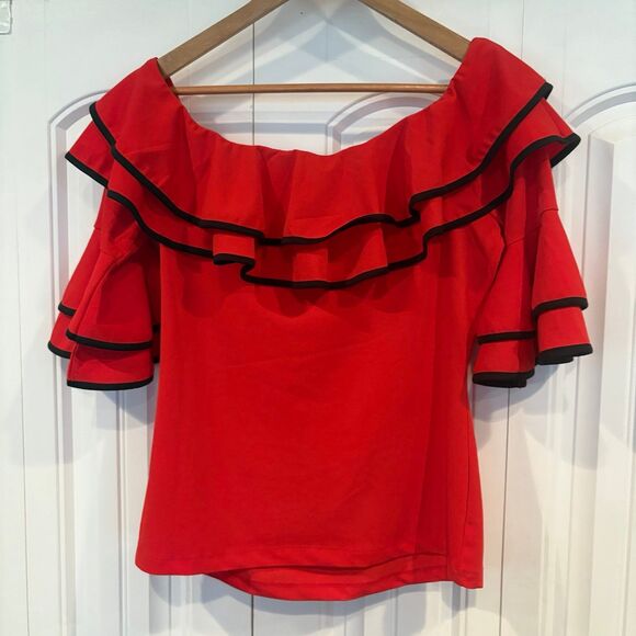 Venus Red Ruffle Neckline Top Size Medium - Picture 2 of 8